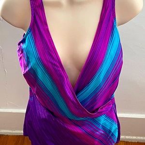 Vintage Maxine of Hollywood one piece purple blue pink striped swimsuit, size M